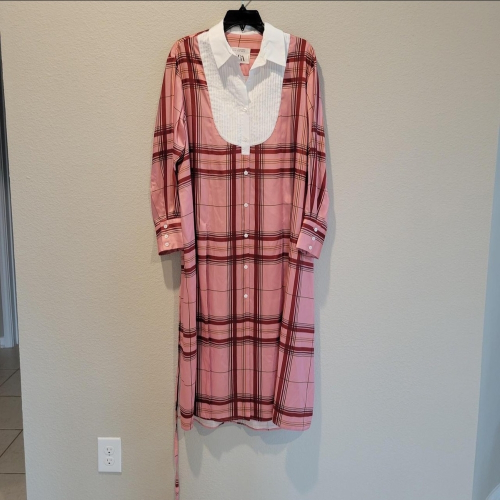 Zara Pink and White Plaid Shirt Dress